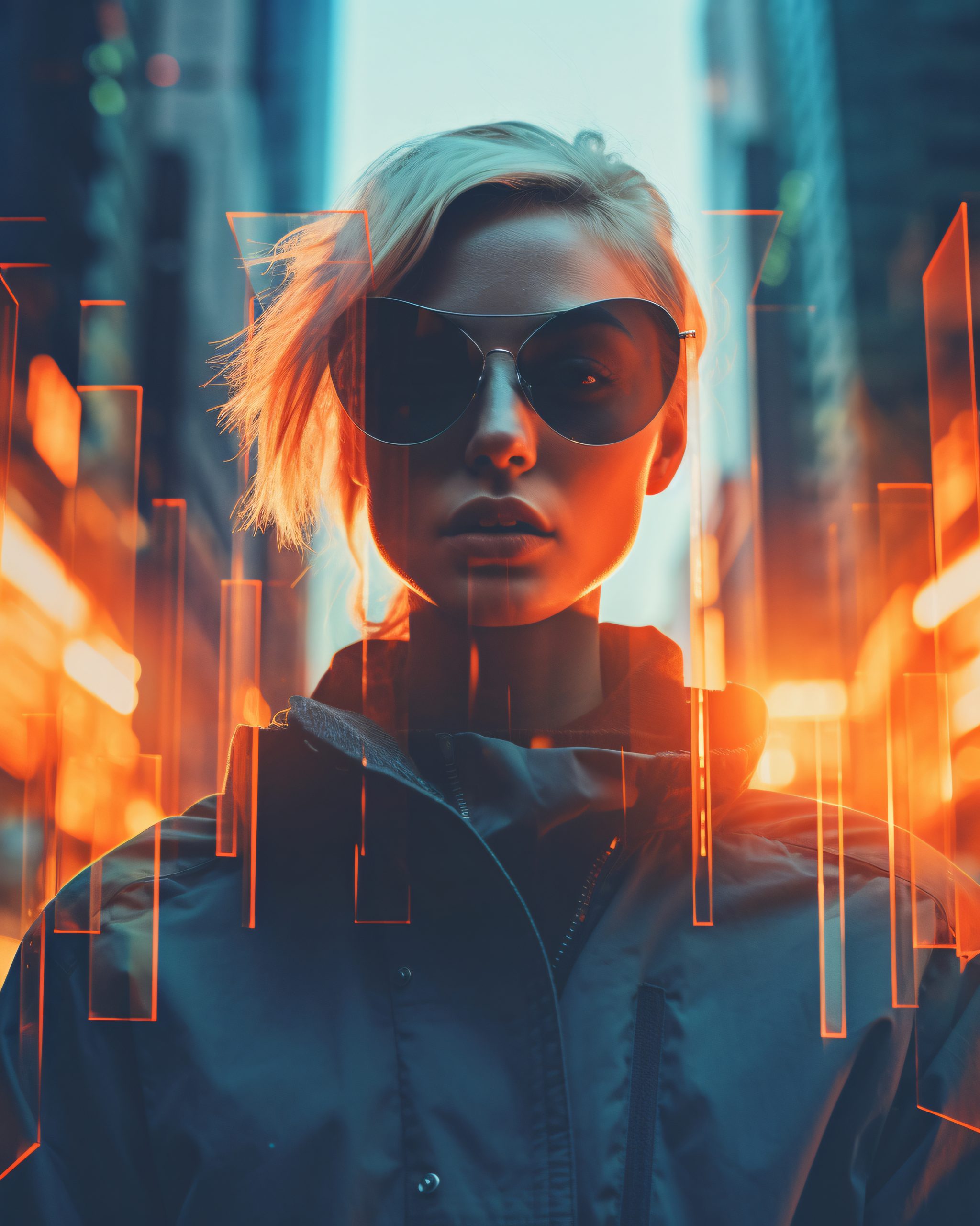 AI-gegenereerd portret van een jonge vrouw met zonnebril in een futuristische stad, als voorbeeld van hoe realistisch nepbeelden kunnen zijn