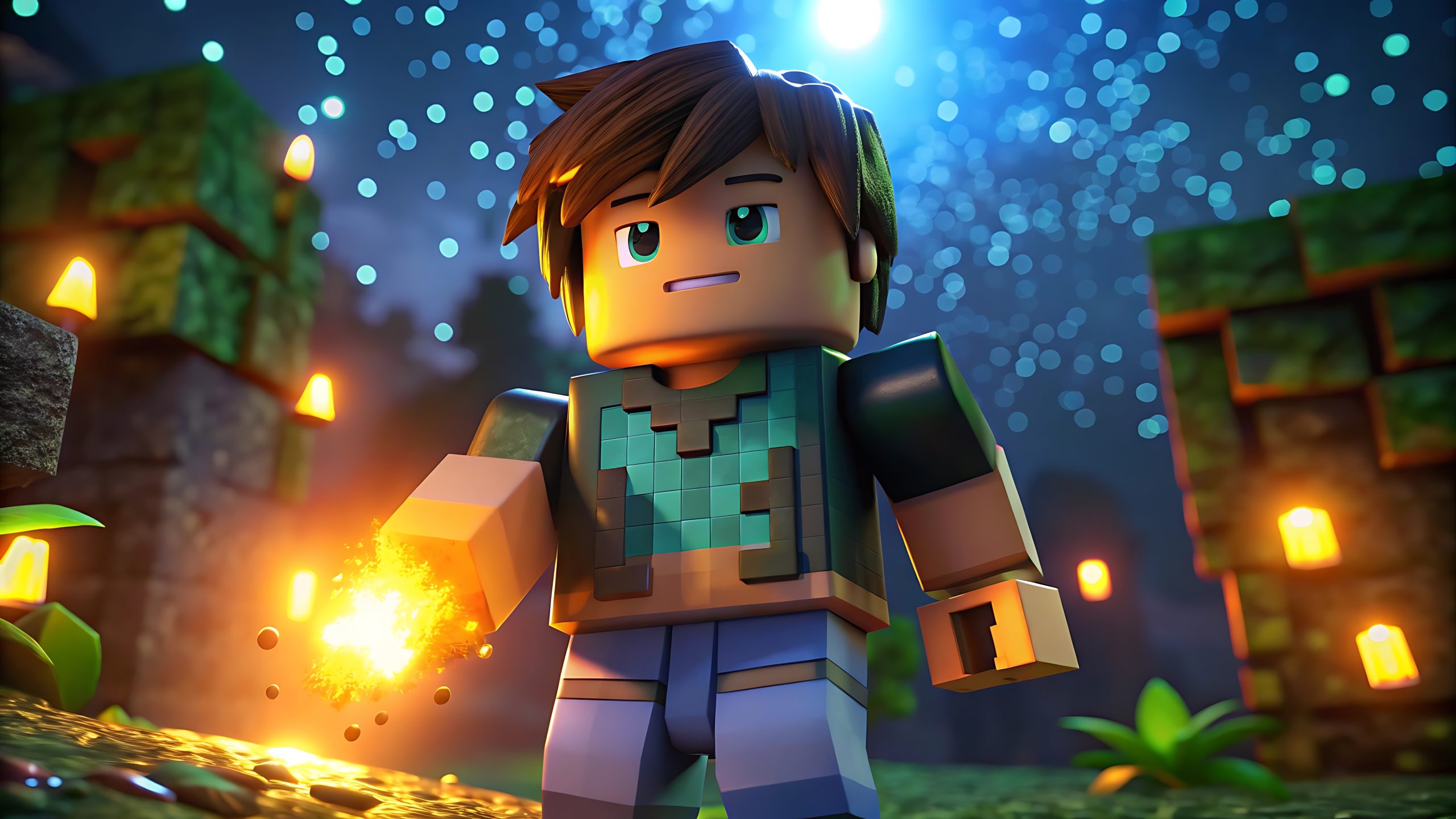 Roblox-achtig gamepersonage in een kleurrijke nachtelijke spelomgeving met vuur-effect in de hand