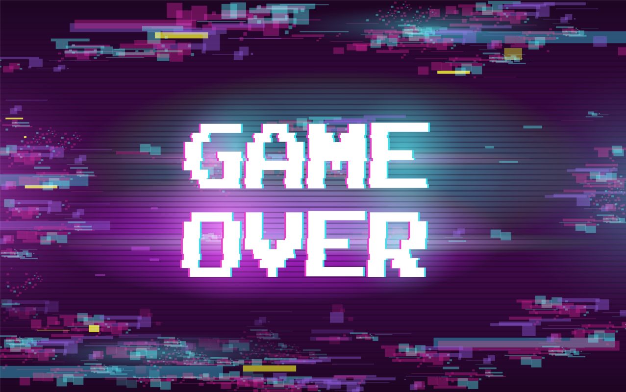 Glitchy ‘Game Over’-scherm in neonstijl dat verslavende beloningssystemen in games visueel representeert