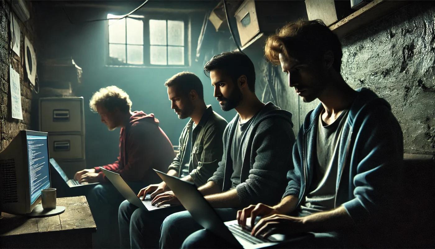 Vier mannen zitten met laptops in een donkere ruimte en werken geconcentreerd, wat een geheime en georganiseerde sfeer oproept.