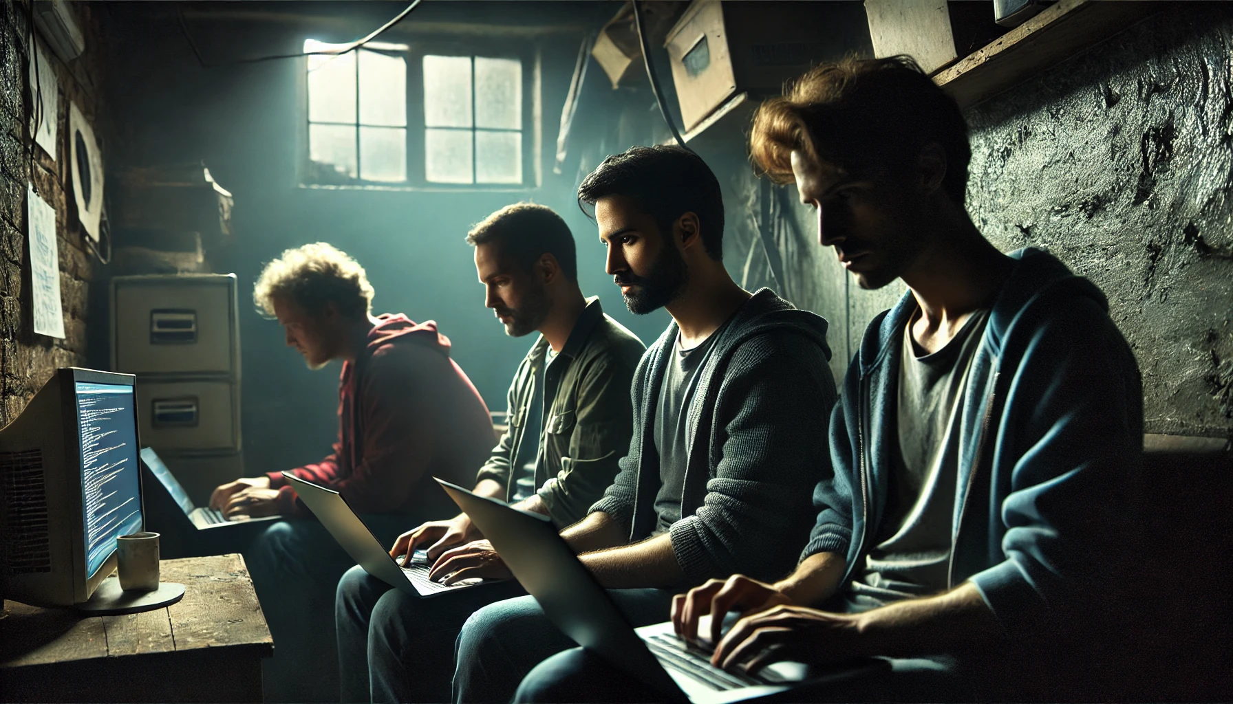 Vier mannen zitten met laptops in een donkere ruimte en werken geconcentreerd, wat een geheime en georganiseerde sfeer oproept.