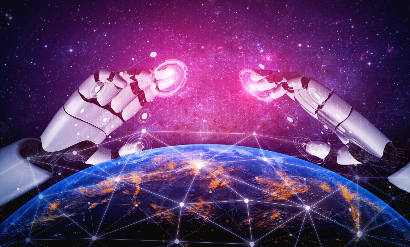 Futuristische robotarmen boven de aarde, symbool voor de opkomst van AI en deepfake-technologie.