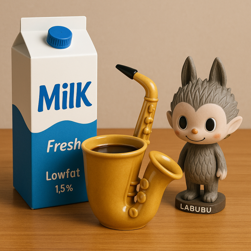 Afbeelding van een melkpak, een koffiekopje in de vorm van een saxofoon en een Labubu poppetje als voorbeeld van AI-gegeneerde nep producten.