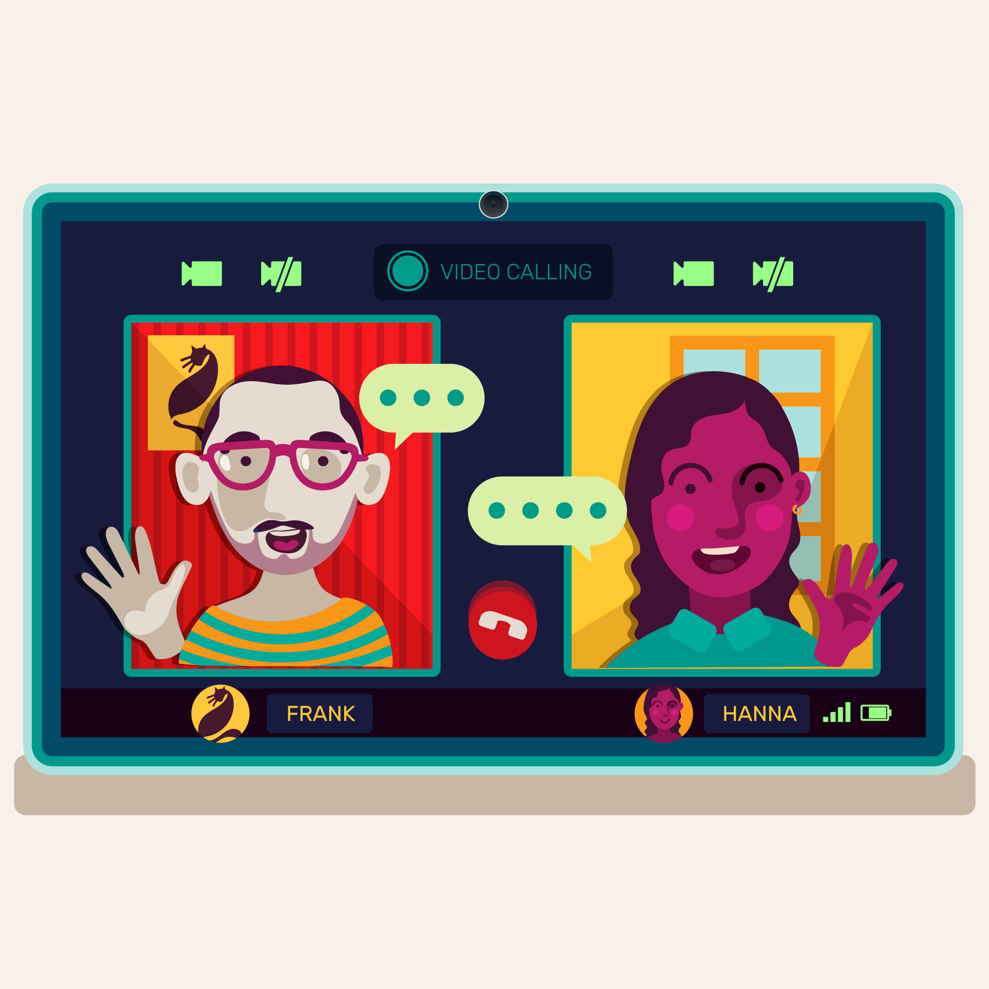 Illustratie van een videochat tussen twee onbekenden, als voorbeeld van platforms zoals Thundr en Omegle.
