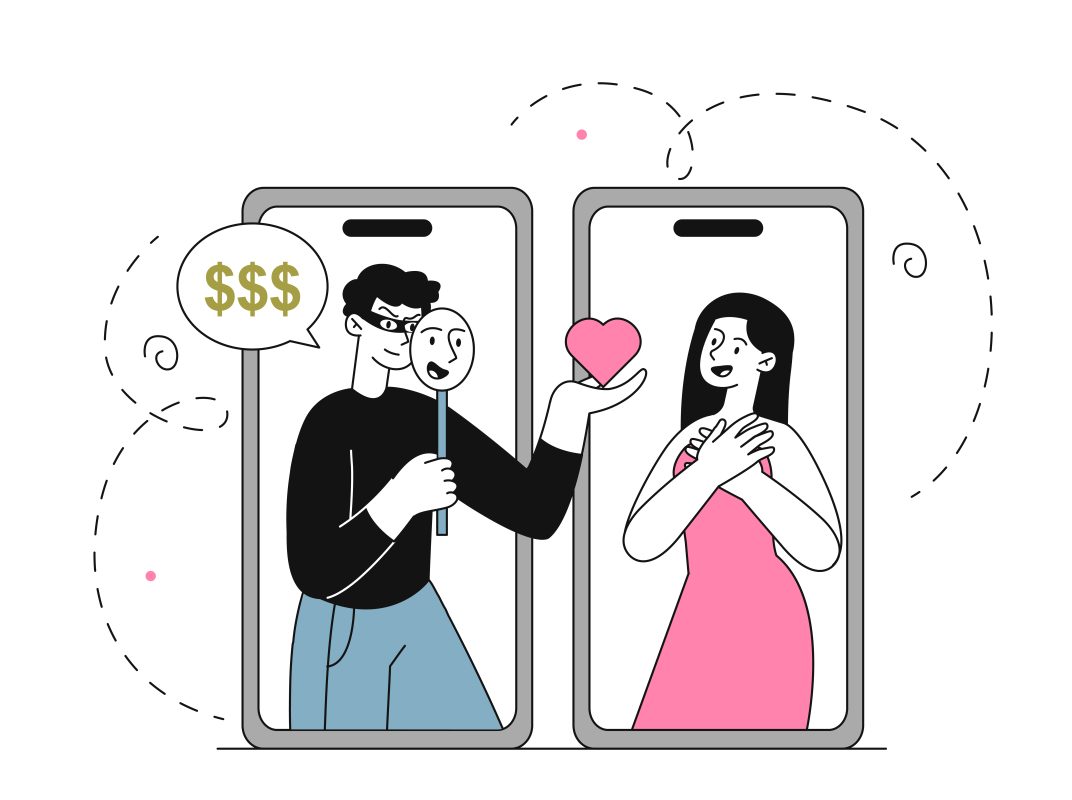 Illustratie van een catfish: een man met masker doet zich online anders voor en vraagt om geld, terwijl een meisje denkt met een leeftijdsgenoot te praten.
