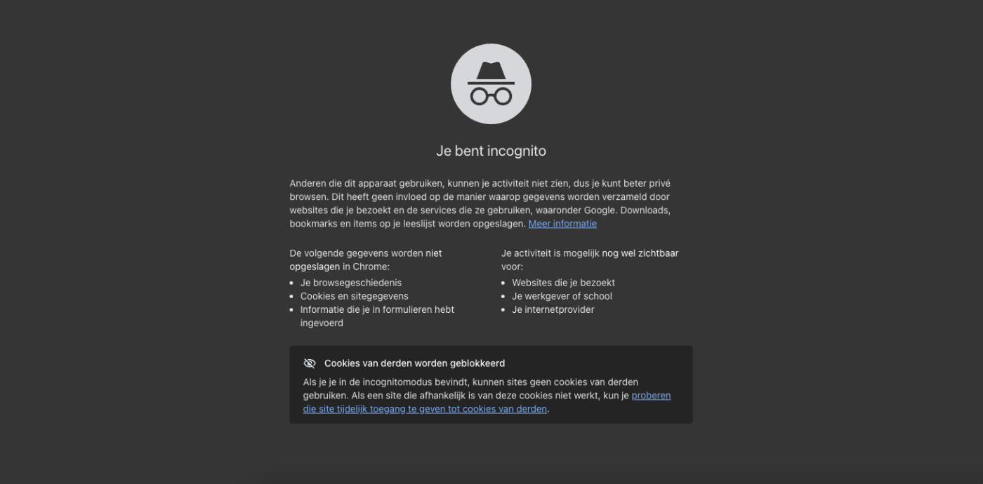 Startscherm van de incognito modus in Google Chrome met uitleg dat browsegeschiedenis niet wordt opgeslagen.