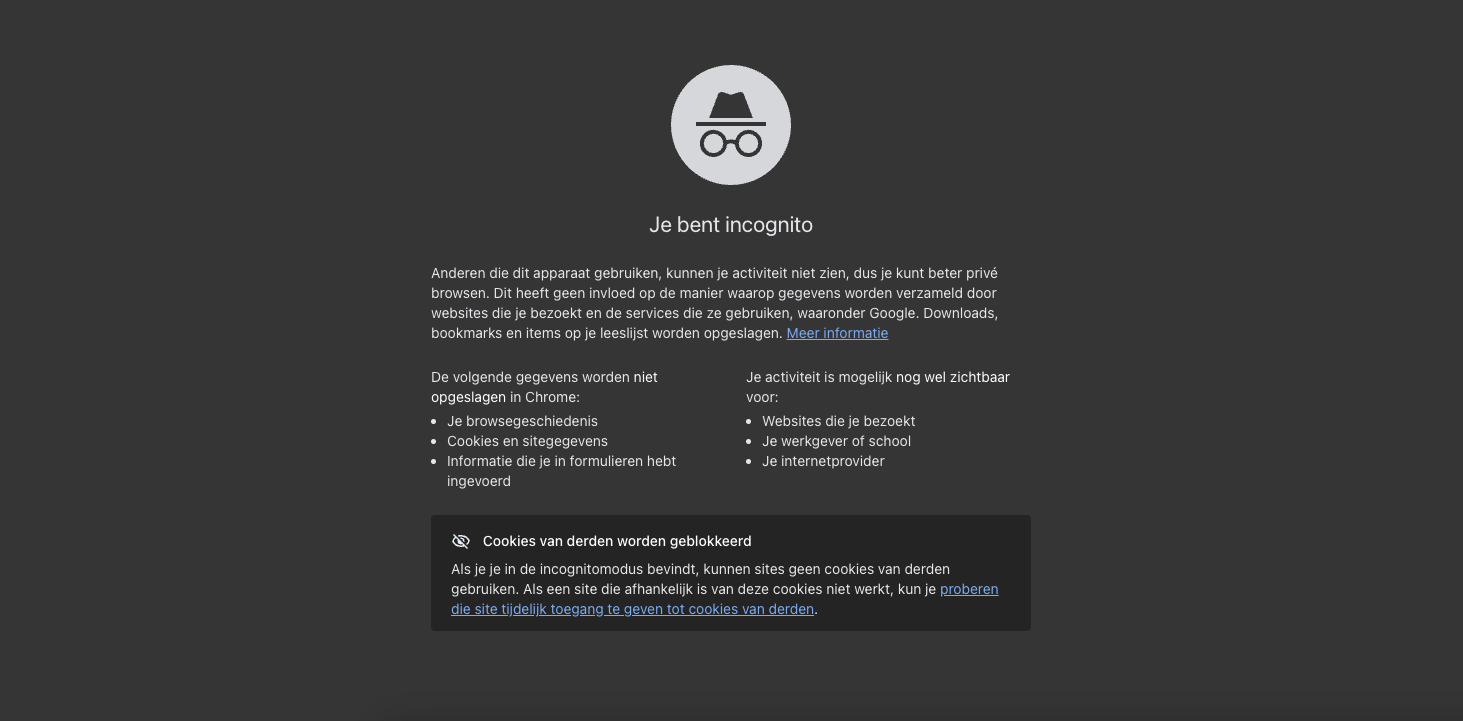 Startscherm van de incognito modus in Google Chrome met uitleg dat browsegeschiedenis niet wordt opgeslagen.