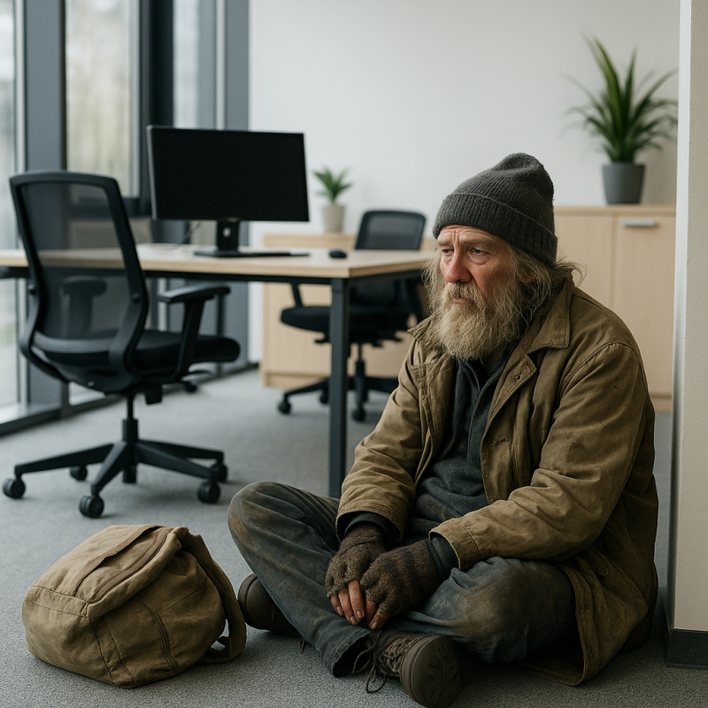 AI-gegenereerde afbeelding van een zwerver die in een kantoorruimte zit, bedoeld om de AI-zwerverprank-trend op TikTok te illustreren.