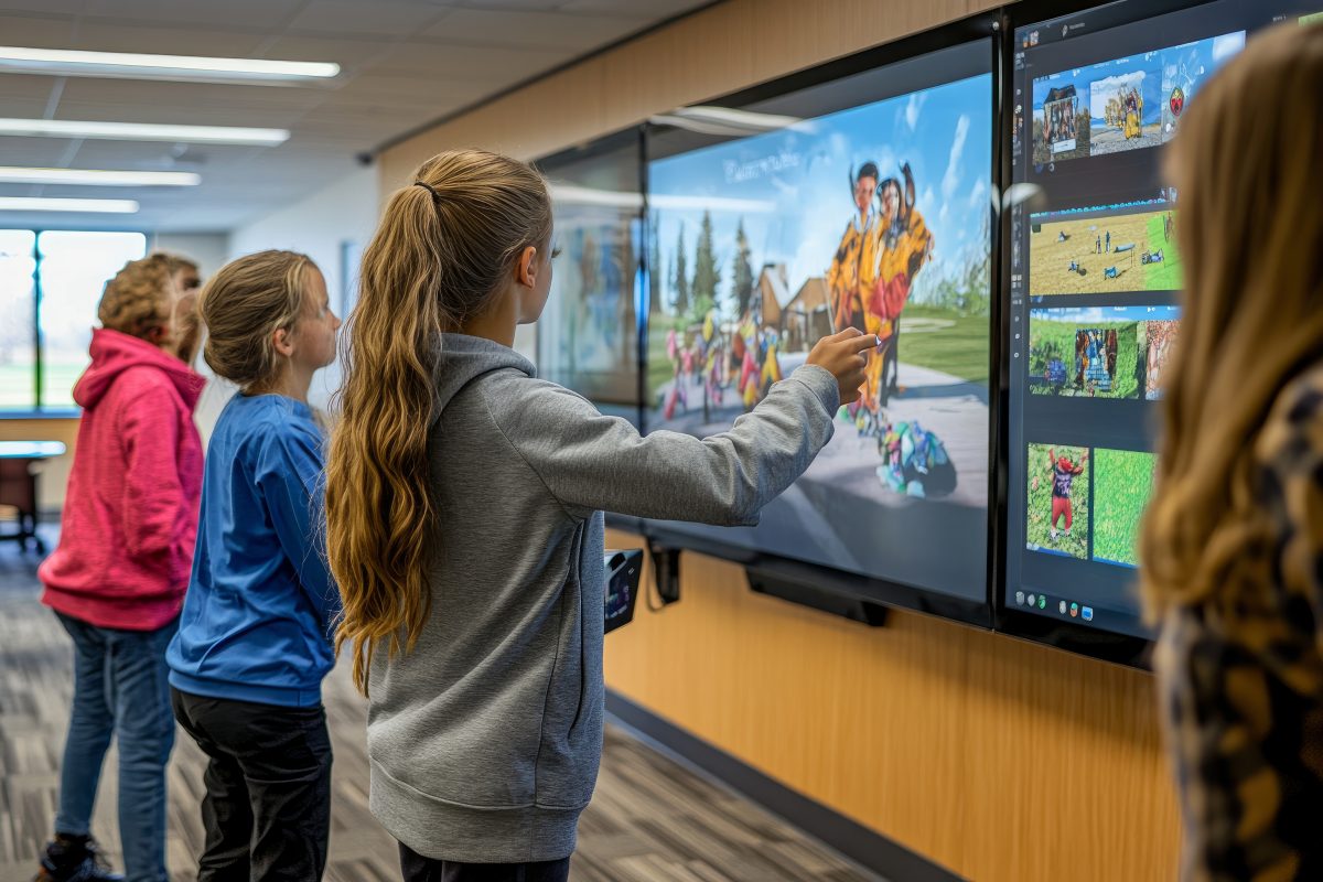 Leerlingen gebruiken interactieve schoolborden tijdens een les om samen digitale opdrachten uit te voeren.
