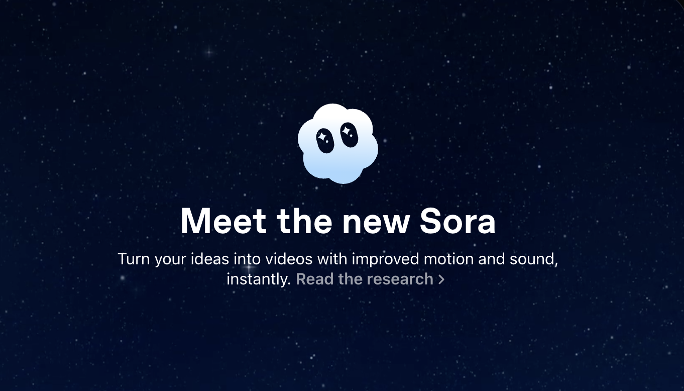 Logo van Sora met de tekst “Meet the new Sora”, een introductie tot de vernieuwde AI-video-app van OpenAI.