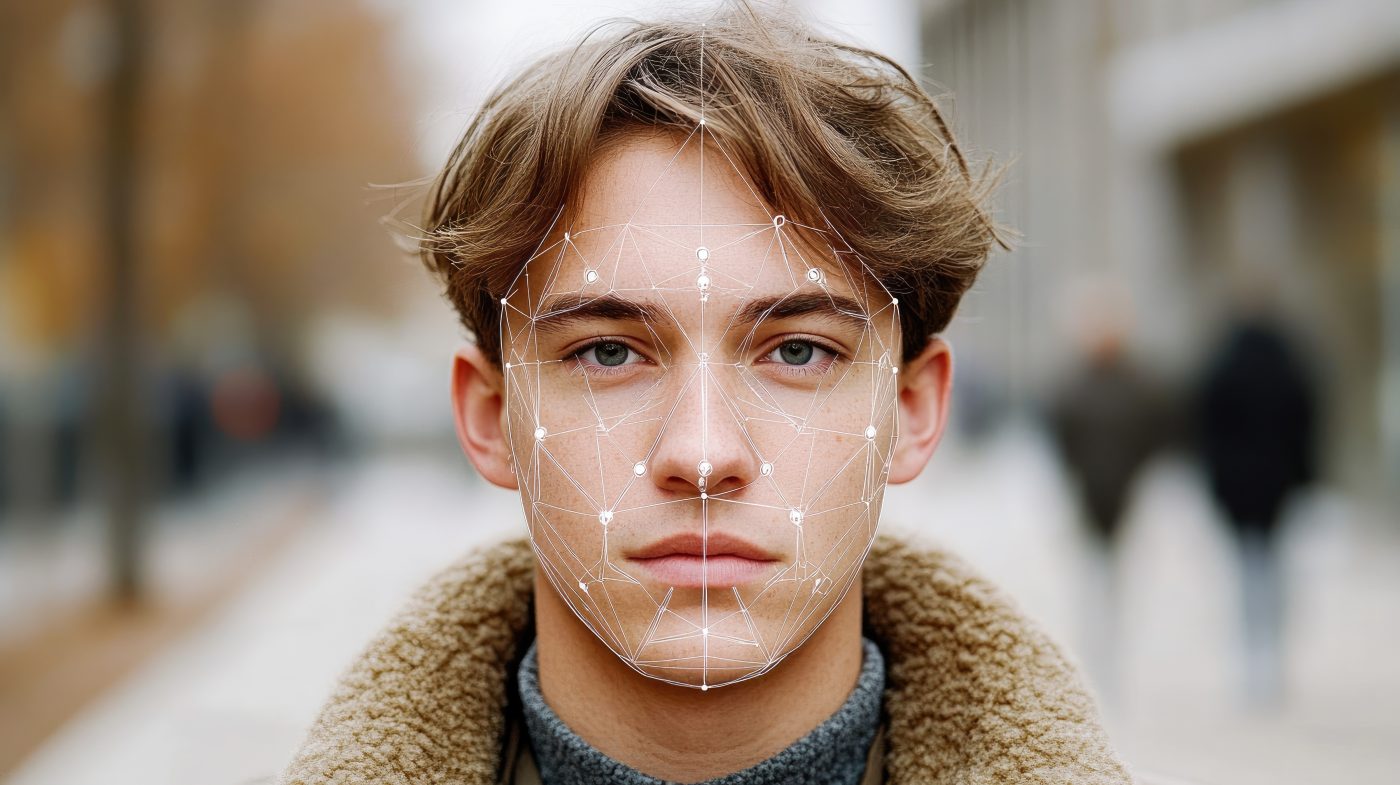 Jongere met digitale gezichtsherkenningslijnen op het gezicht, symbool voor de invloed van AI en deepfakes op jongeren.