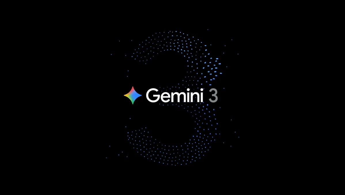 Logo van Gemini 3 op een zwarte achtergrond met een grote gestileerde 3 van blauwe stippen.