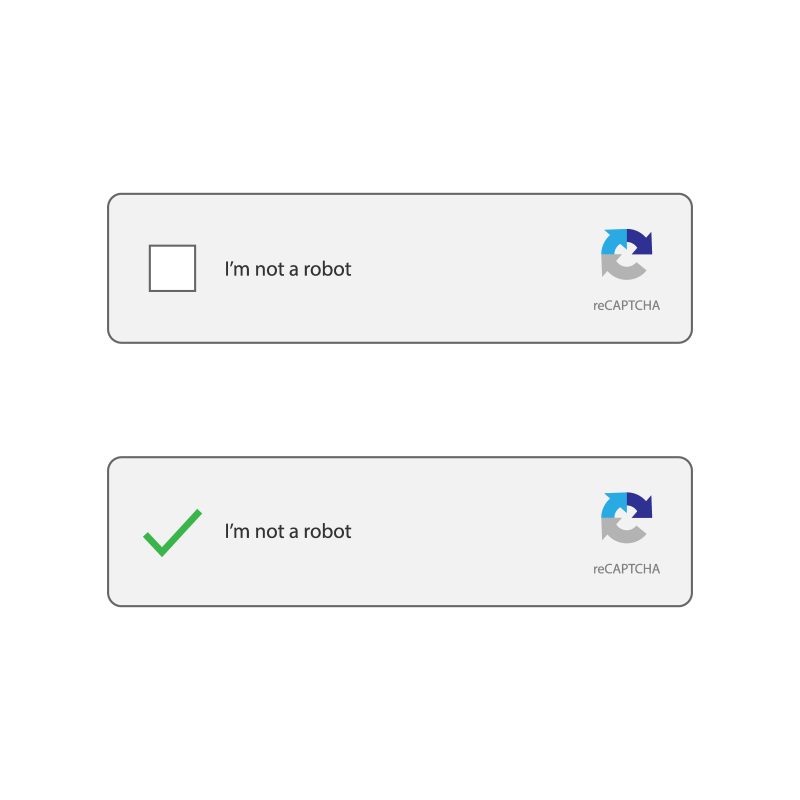 Twee voorbeelden van een echte Google reCAPTCHA, één ongeklikt en één met een groen vinkje bij “I’m not a robot”.