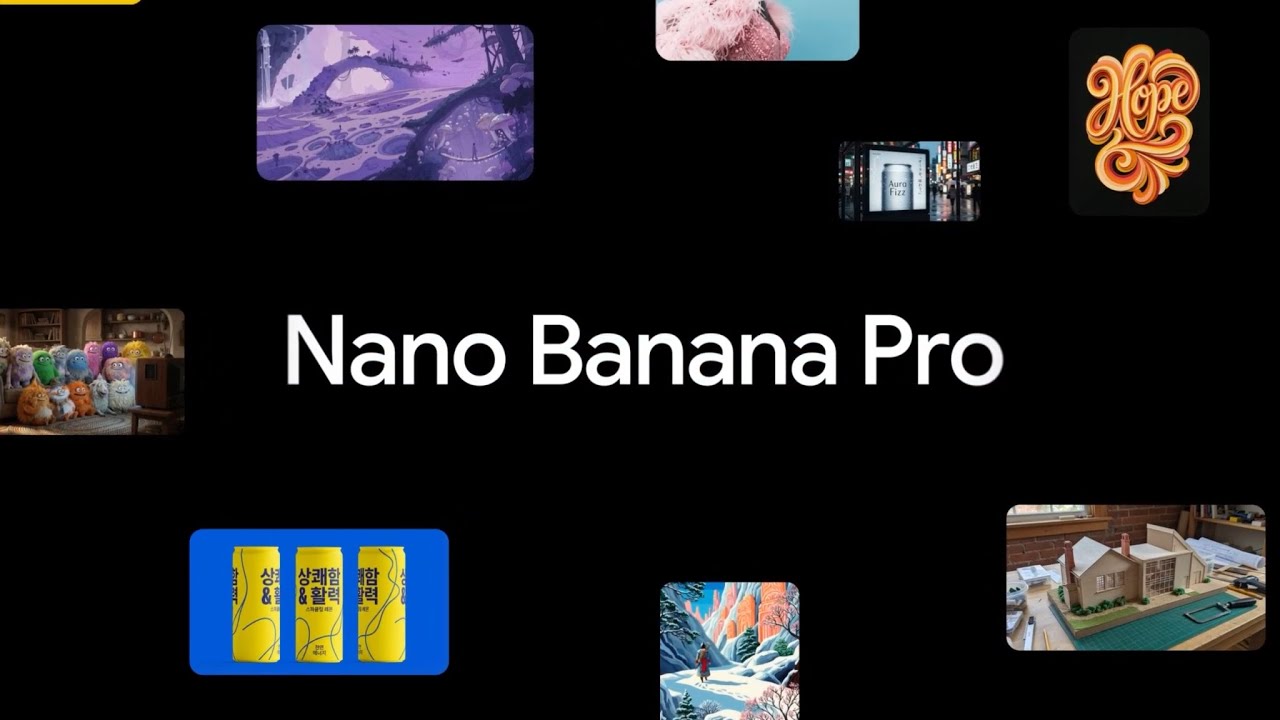 Afbeelding met diverse AI-gegenereerde visuals rondom de tekst Nano Banana Pro, ter illustratie van Google’s nieuwe AI-model Bron: Google