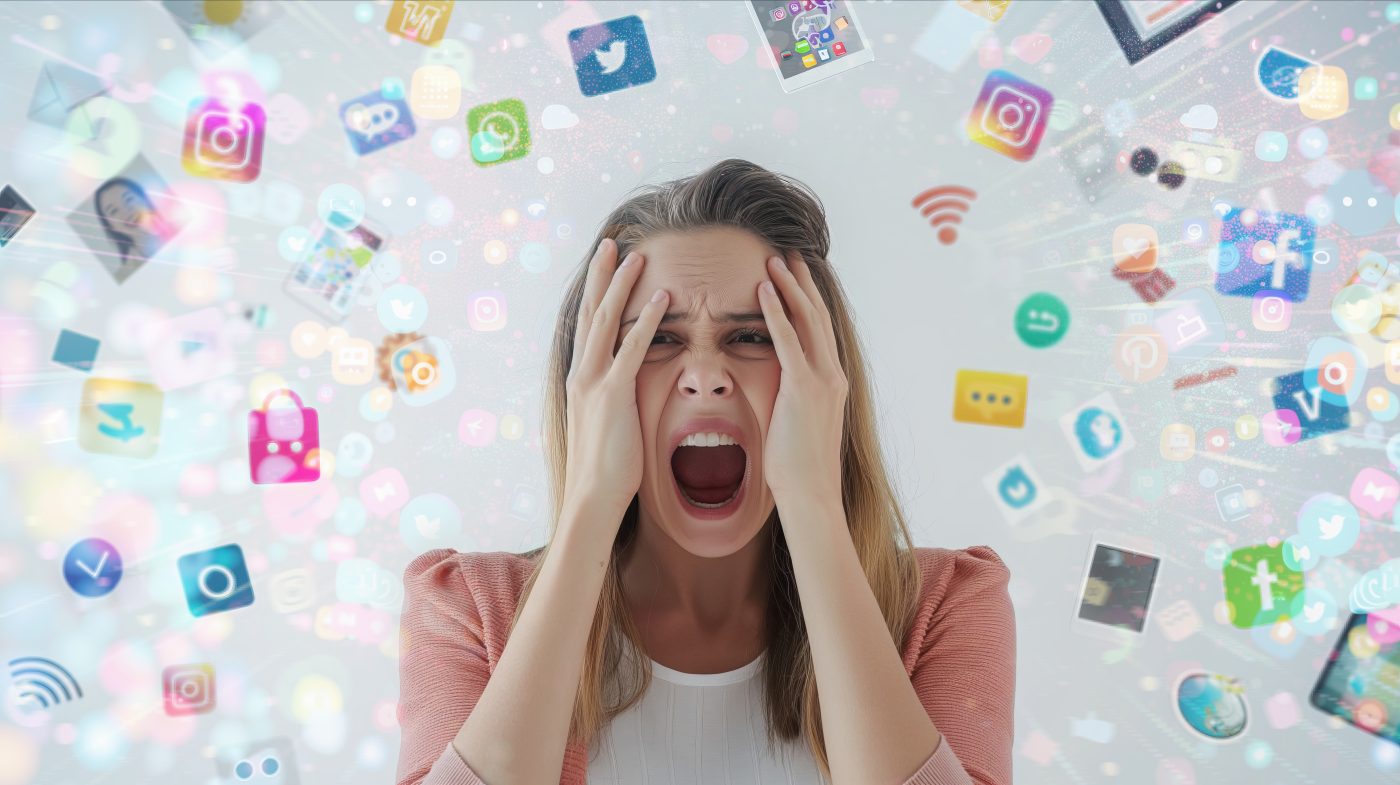 Vrouw die overstuur schreeuwt terwijl talloze felgekleurde socialmedia-iconen om haar heen zweven.