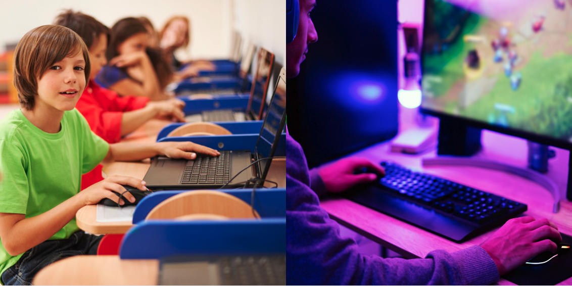 Jongeren gebruiken technologie voor leren en ontspanning: links werken leerlingen met laptops in de klas, rechts gamet een jongere op een computer.