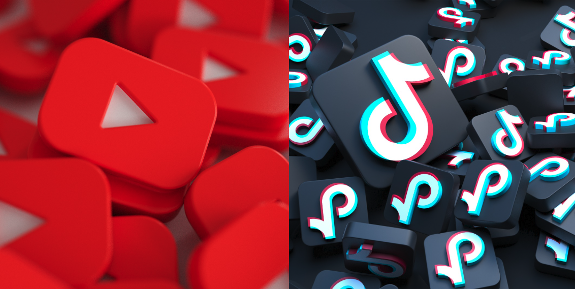 YouTube- en TikTok-logo’s naast elkaar, symbool voor de verschuiving in mediagebruik bij kinderen van lange naar korte video’s