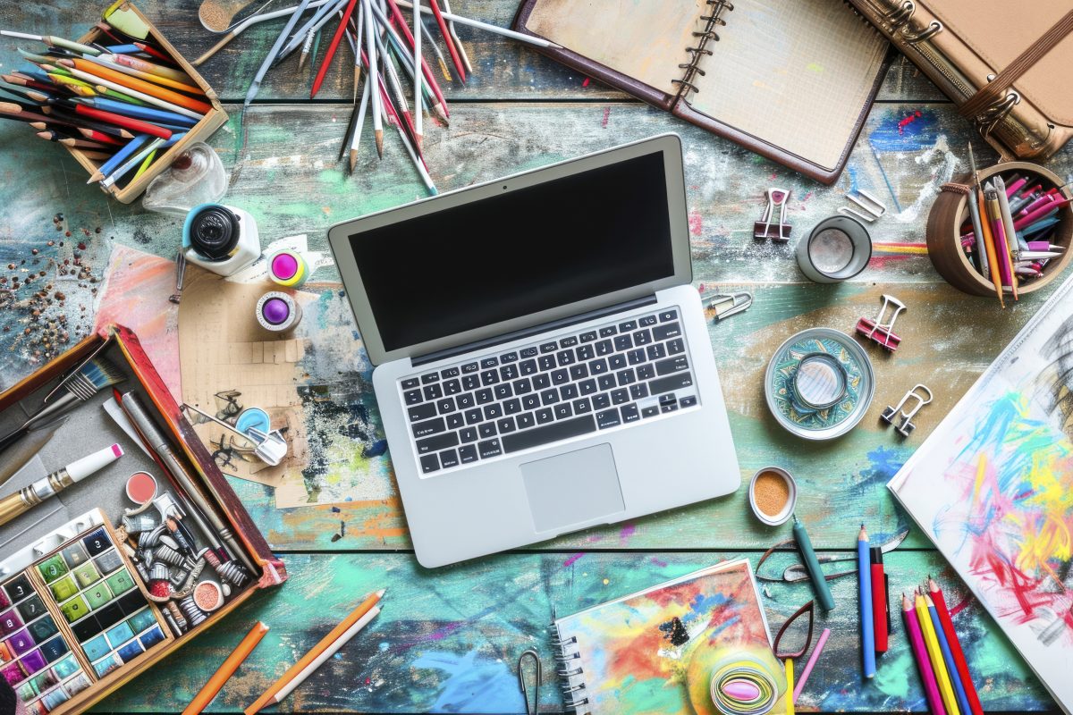 Laptop op een kleurrijke tafel met verf, potloden en creatieve materialen, als symbool voor digitale creativiteit in het onderwijs.