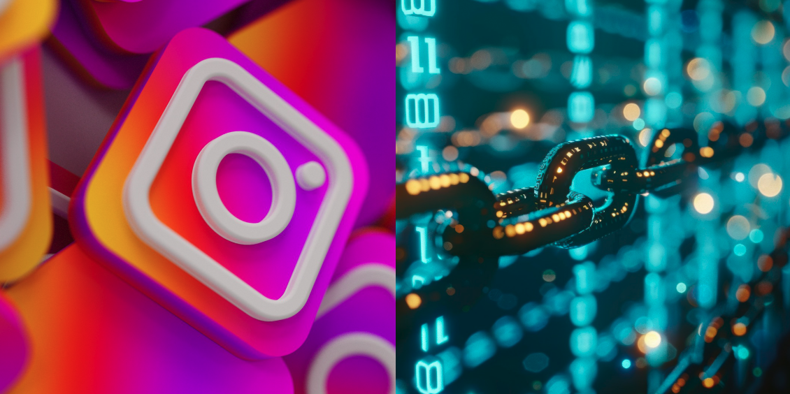 Instagram-logo naast een digitale ketting met code, als symbool voor veranderingen in privacy en encryptie op het platform