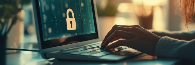 Persoon typt op laptop met slot-icoon op scherm, symbool voor online privacy en databeveiliging