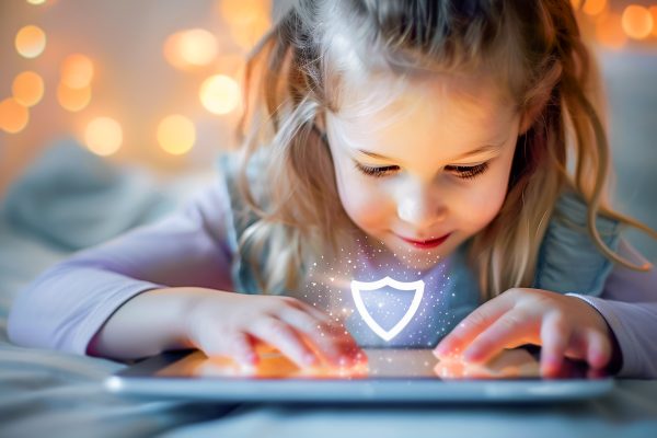 Jong meisje gebruikt een tablet terwijl een digitaal schild symbool online veiligheid en privacy bescherming visualiseert