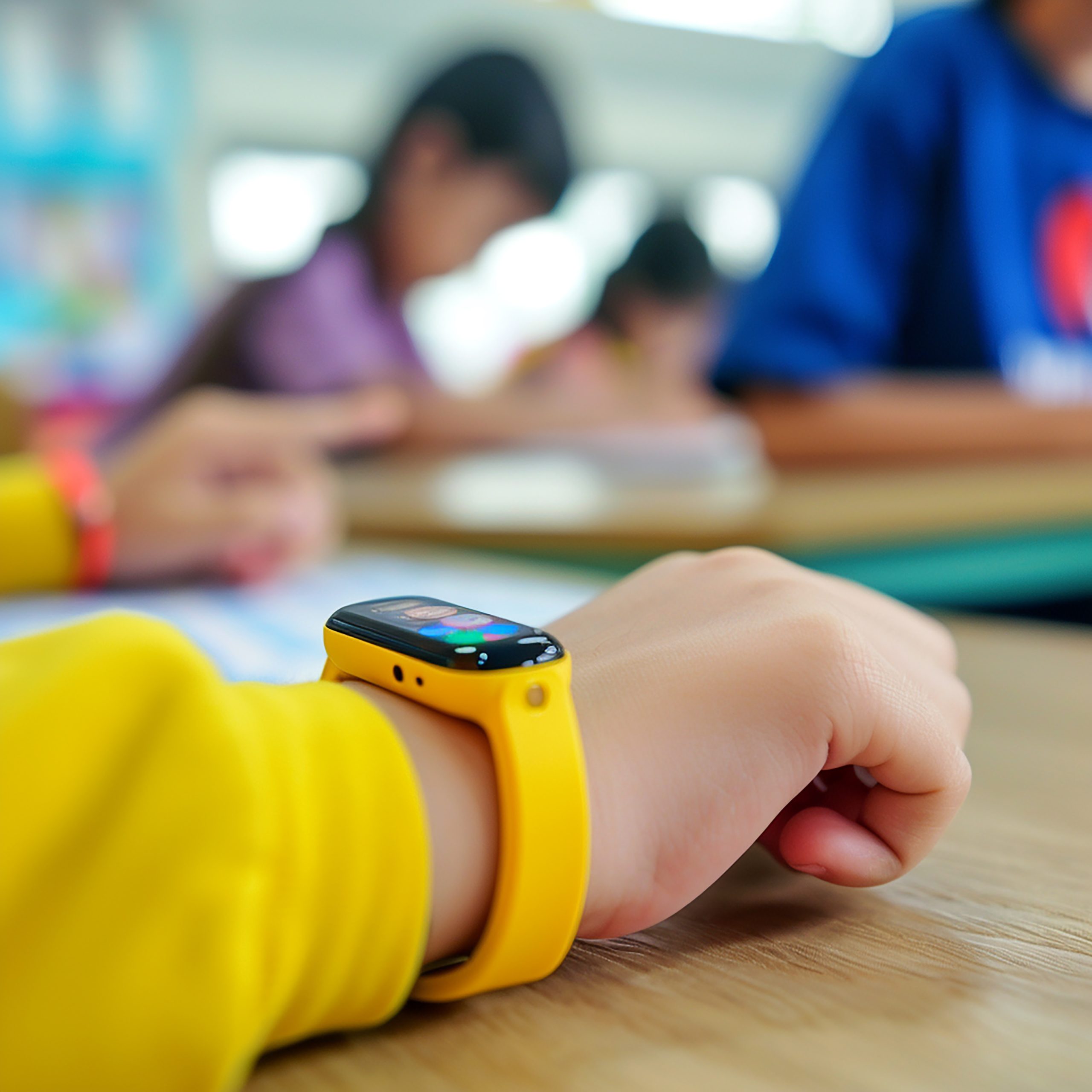 Leerling met een gele smartwatch om de pols in een klaslokaal terwijl andere leerlingen op de achtergrond aan het werk zijn.