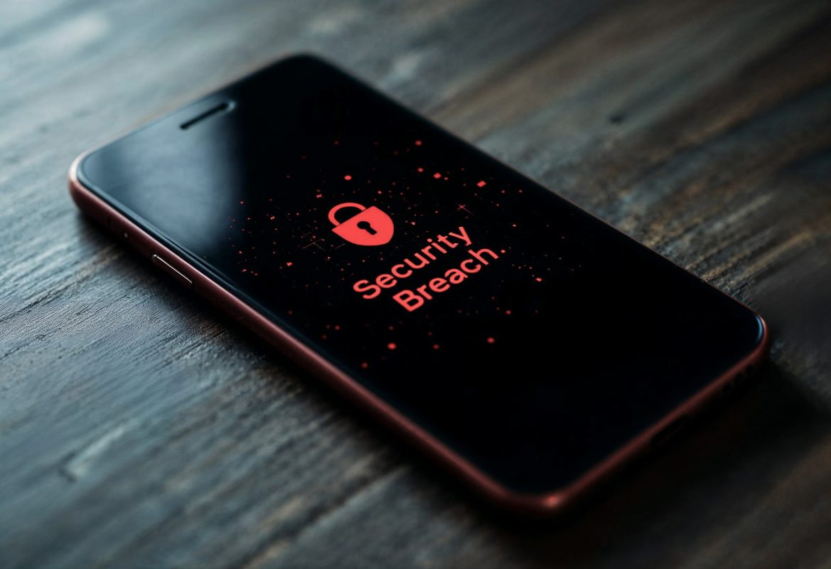 Smartphone met melding ‘Security Breach’ en een rood slot-icoon op het scherm, symbool voor een datalek en digitale dreiging.