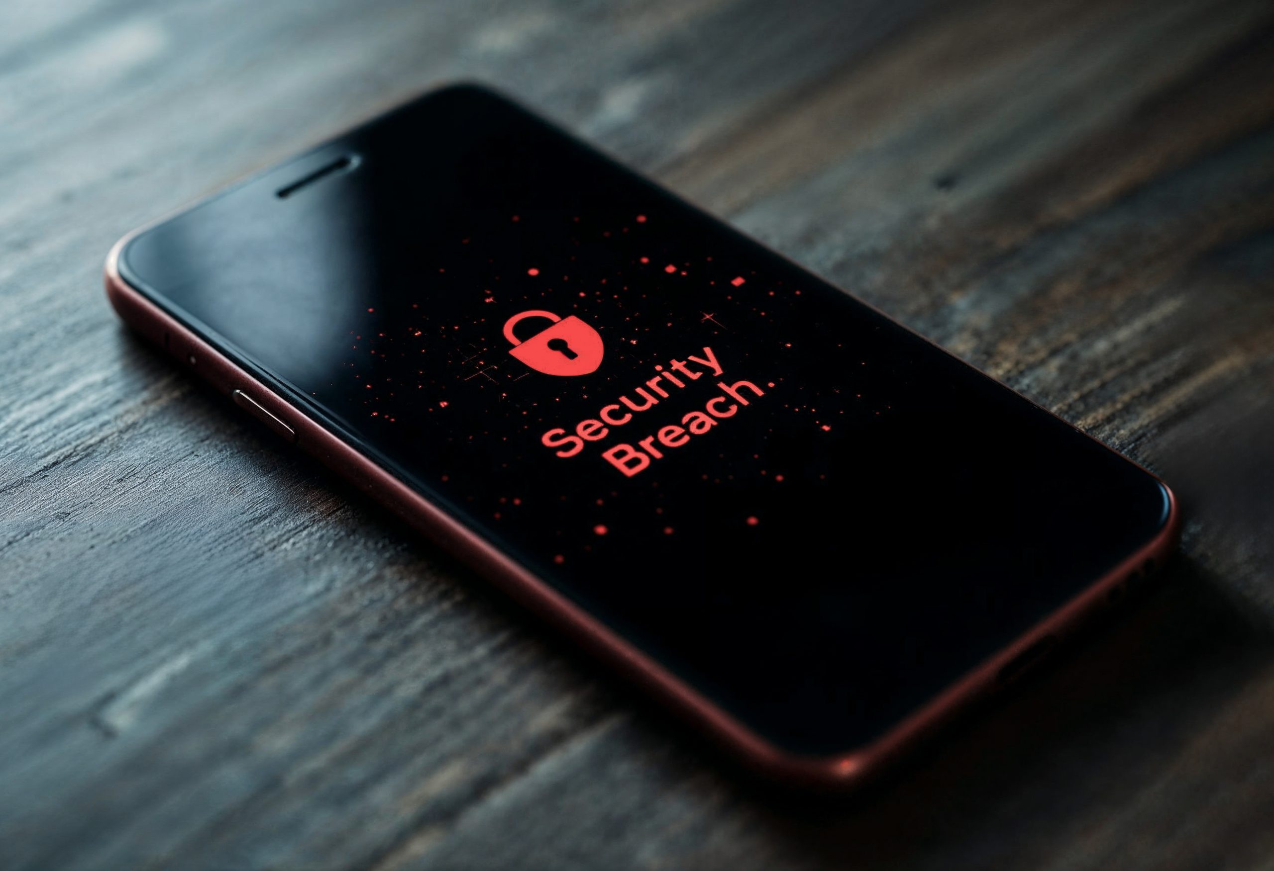 Smartphone met melding ‘Security Breach’ en een rood slot-icoon op het scherm, symbool voor een datalek en digitale dreiging.