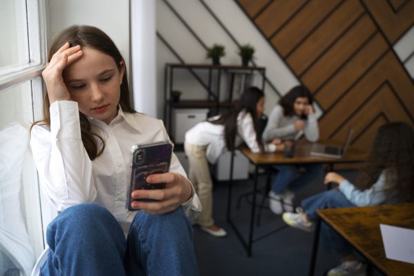 Meisje kijkt bezorgd naar haar telefoon terwijl social media en geldproblemen voor stress zorgen