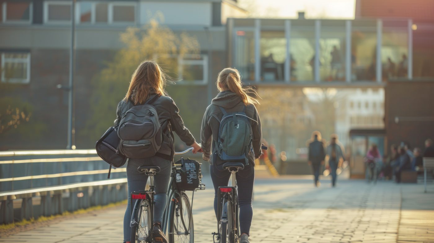 Scholieren fietsen naar school terwijl online groepsdruk onder jongeren een rol speelt in de sociale dynamiek rond school.