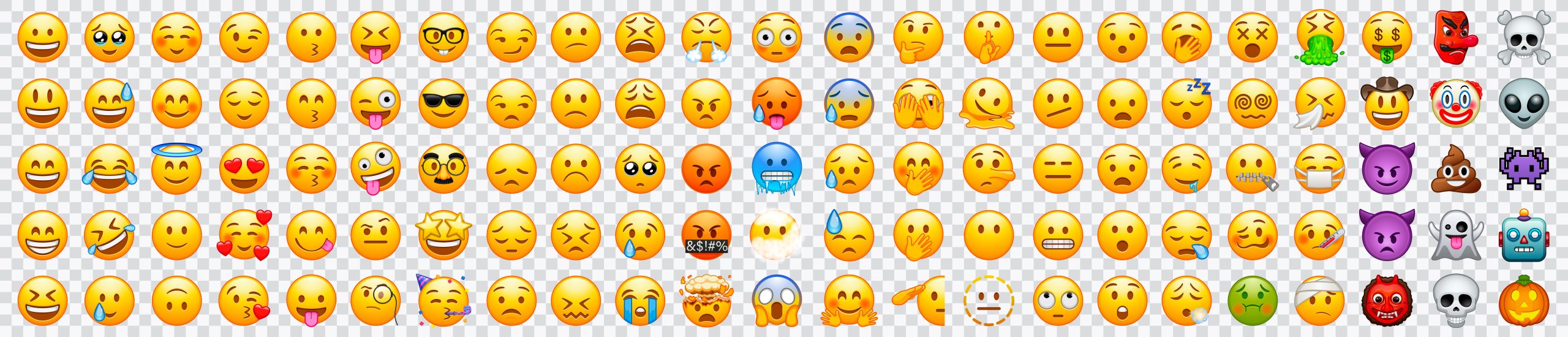 Overzicht van tientallen verschillende emoji’s met uiteenlopende gezichtsuitdrukkingen en symbolen, variërend van blij en verdrietig tot boos en sarcastisch.
