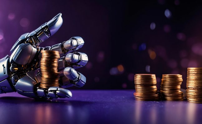 Robotische hand houdt stapels munten vast als symbool voor AI-tools die financiële gegevens en geldzaken analyseren.