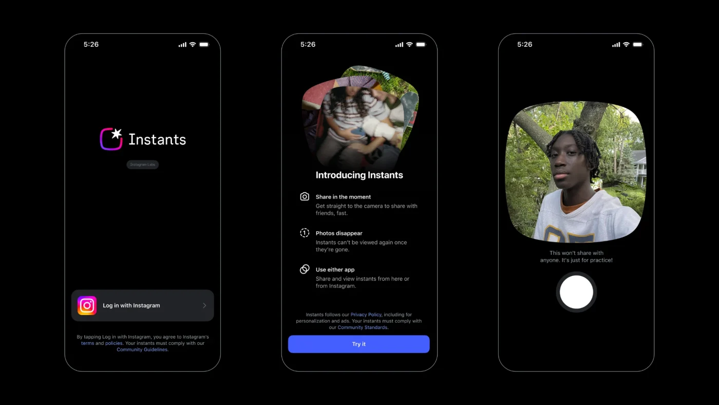 Screenshot van de nieuwe Instagram Instants-functie waarin gebruikers tijdelijke foto’s kunnen delen met vrienden. De afbeelding is afkomstig van de officiële Instagram-website.