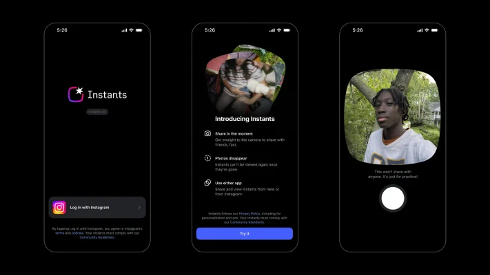 Screenshot van de nieuwe Instagram Instants-functie waarin gebruikers tijdelijke foto’s kunnen delen met vrienden. De afbeelding is afkomstig van de officiële Instagram-website.