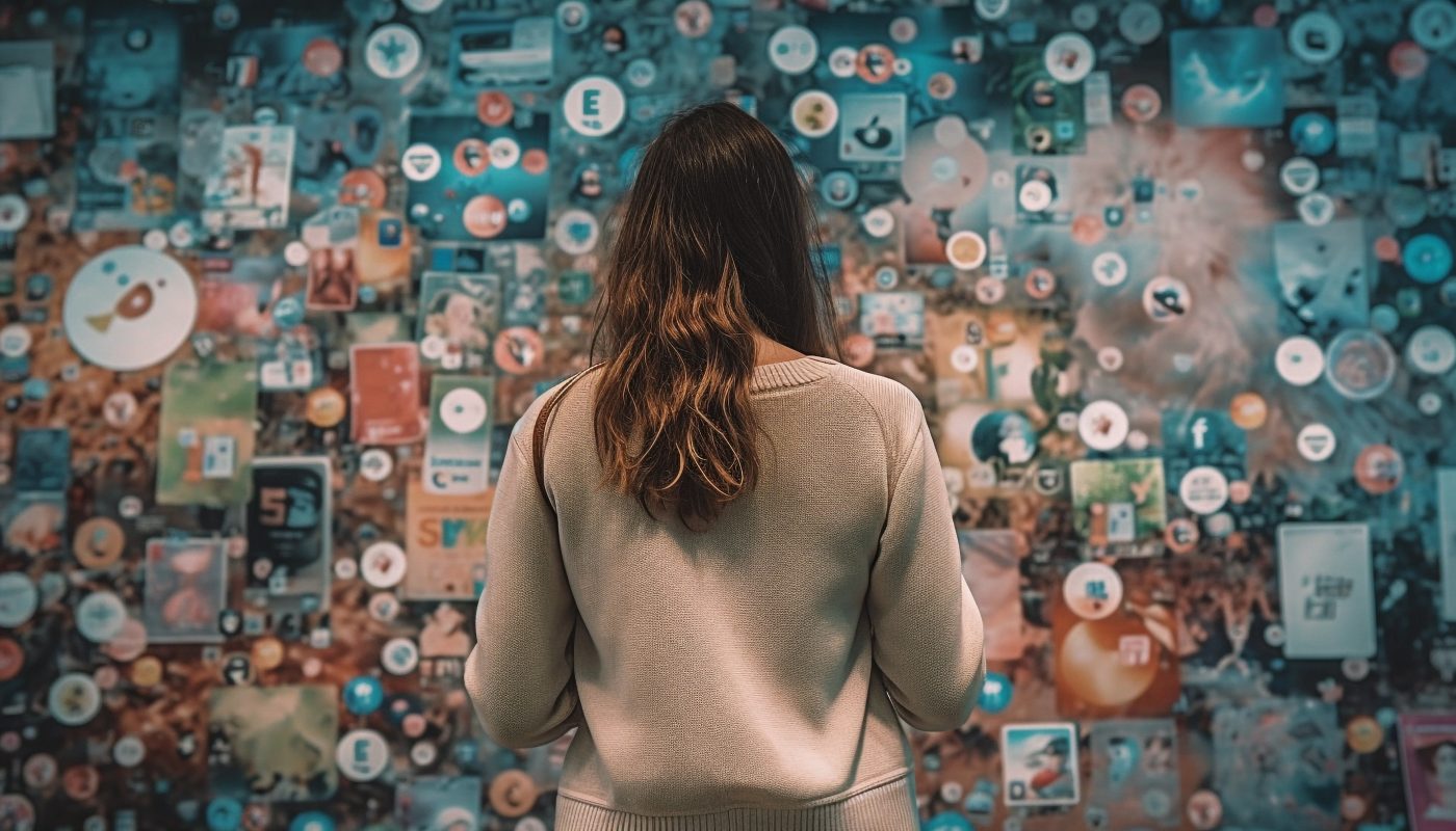 Jongere kijkt naar een muur vol sociale media-iconen en digitale content, als symbool voor online beïnvloeding en informatieprikkels.