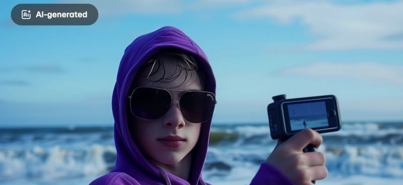 Jongere met zonnebril en paarse hoodie houdt een camera vast aan het strand, als illustratie van AI-gegenereerde beelden en deepfake-technologie.