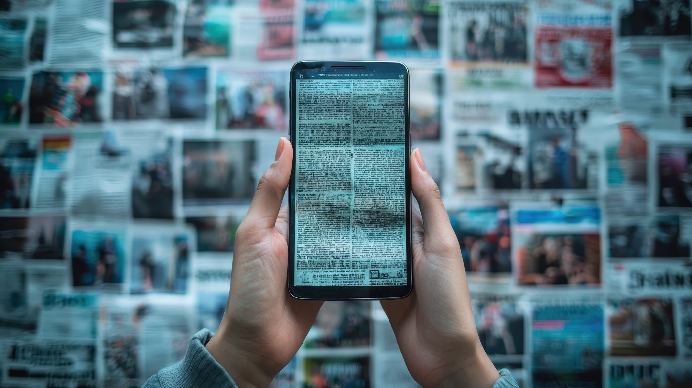Smartphone met nieuwsartikelen op het scherm voor een achtergrond van kranten en nieuwsbeelden, symbool voor sociale media en digitale nieuwsconsumptie.