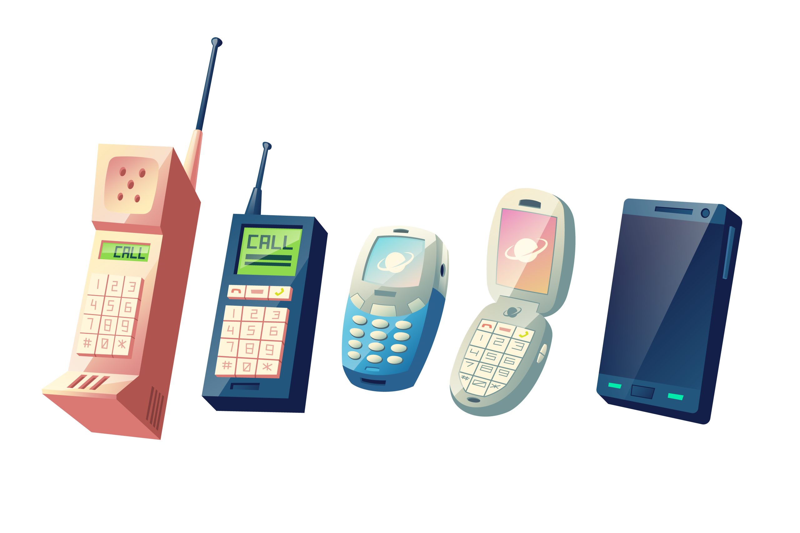 Illustratie van de ontwikkeling van mobiele telefoons, van de eerste grote mobiele telefoon tot de moderne smartphone.