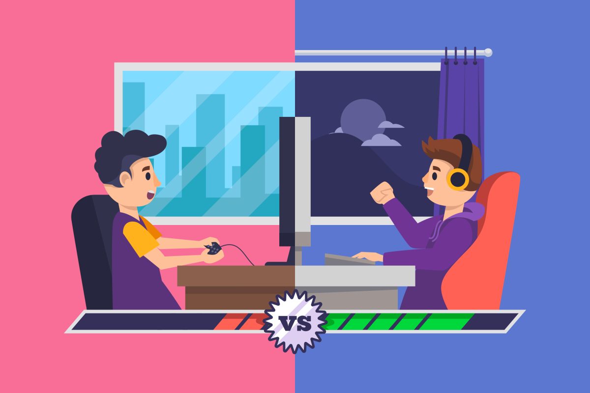 Illustratie van twee jongeren die online tegen elkaar gamen en via een headset met elkaar communiceren.