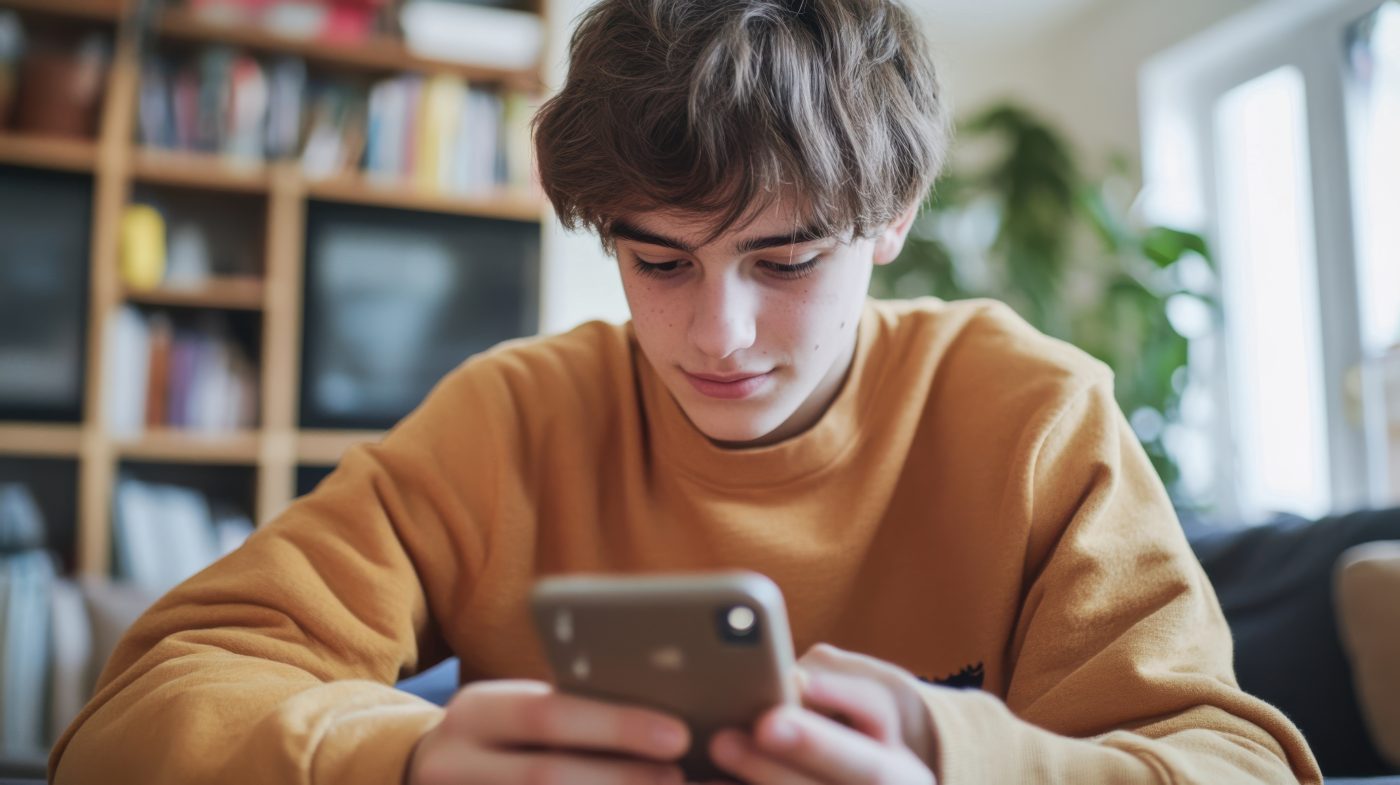 Jongere kijkt thuis op zijn smartphone tijdens het gebruik van Snapchat.