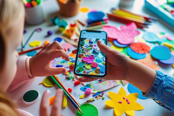 Kind gebruikt een smartphone om een creatief werkstuk vast te leggen, passend bij de vraag wanneer je zelf de maker bent.